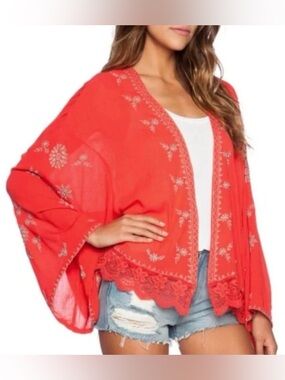 Free People Kimono Women Sz Large Embroidered Red Layer Lace Boho Festival